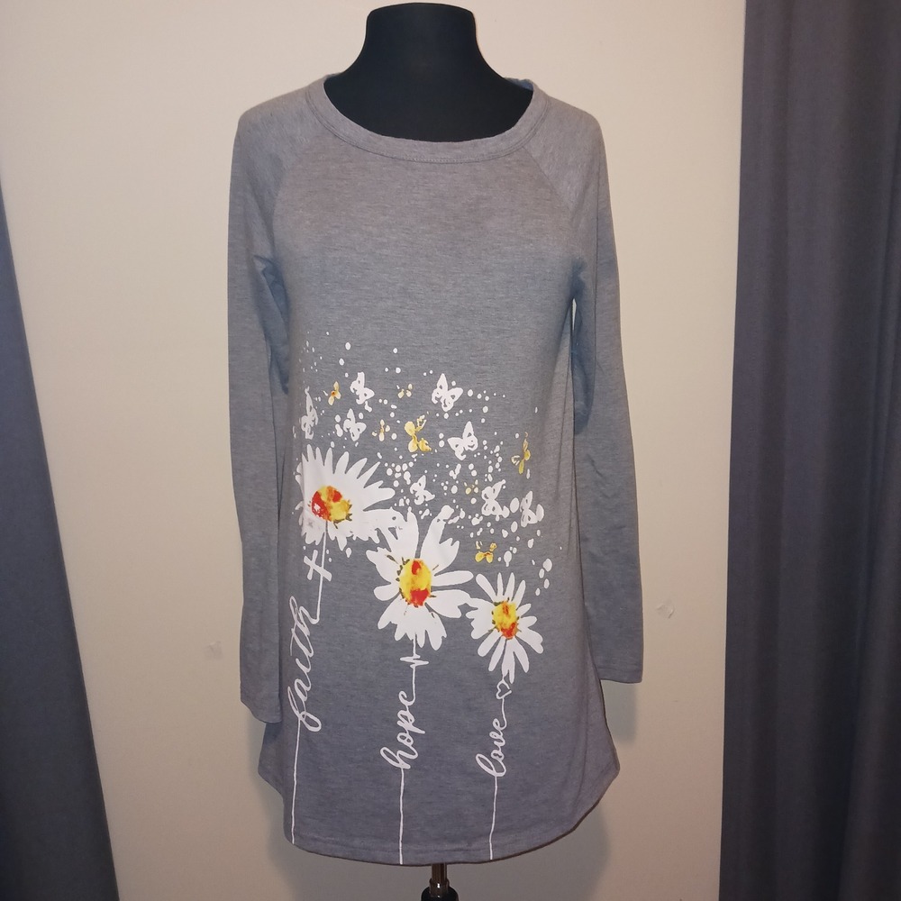 Heather Gray Spiritual Faith Hope Love Daisy Butterfly Long Sleeve Tunic Top L
